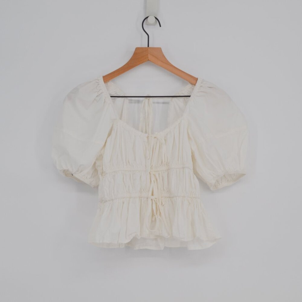 Mustard Seed Puff Sleeve Bow Tie Top Womens S Small White Cropped Peasant Boho